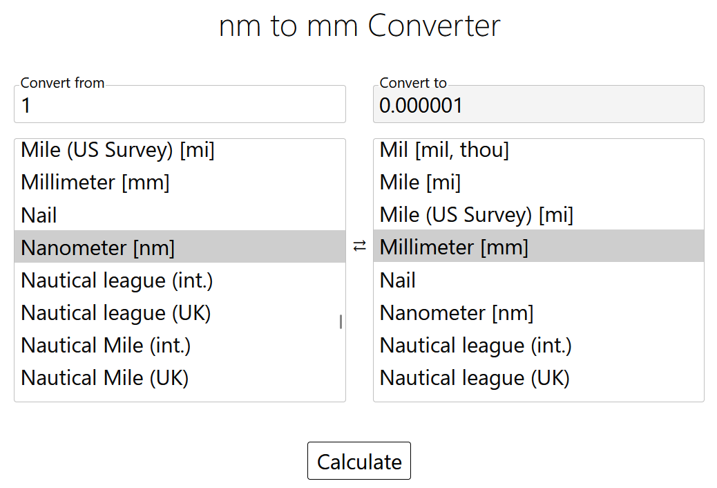 Nanometers to Millimeters Conversion