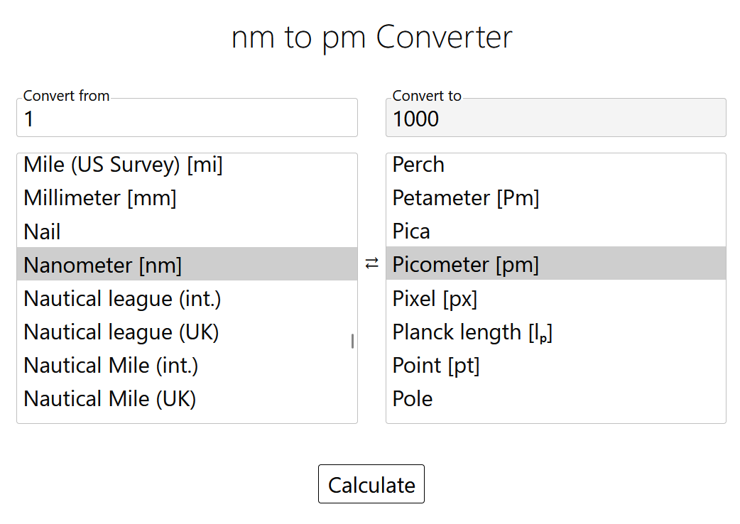 Nanometers to Picometers Conversion